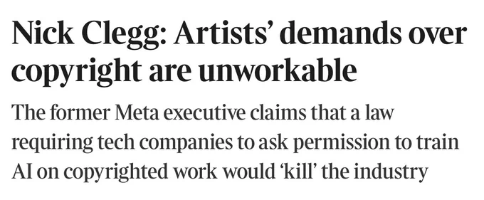 Nick Clegg: Artists' demands over copyright are unworkable
The former Meta executive claims that a law requiring tech companies to ask permission to train Al on copyrighted work would 'kill' the industry
