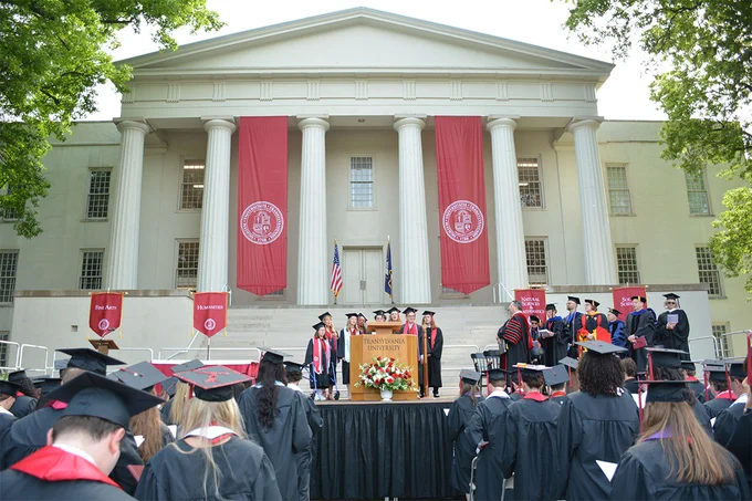 commencement in front of campus building