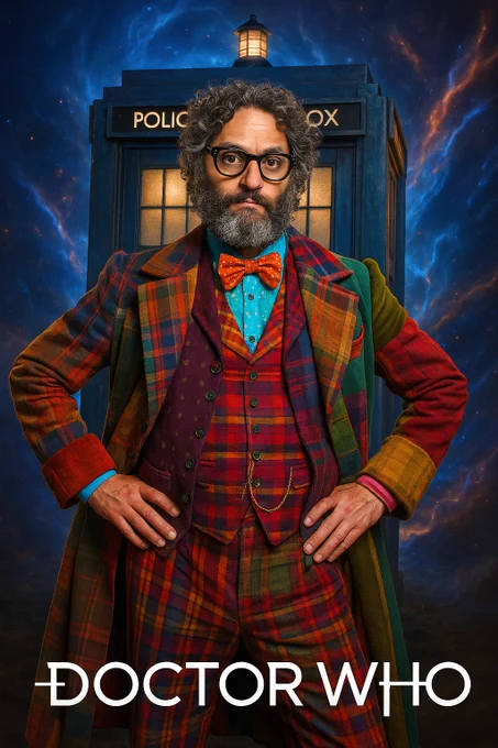 Comedian Jason Mantzoukas dressed as Doctor WHo stoof in front of the Tardis, designed as a fake promo poster