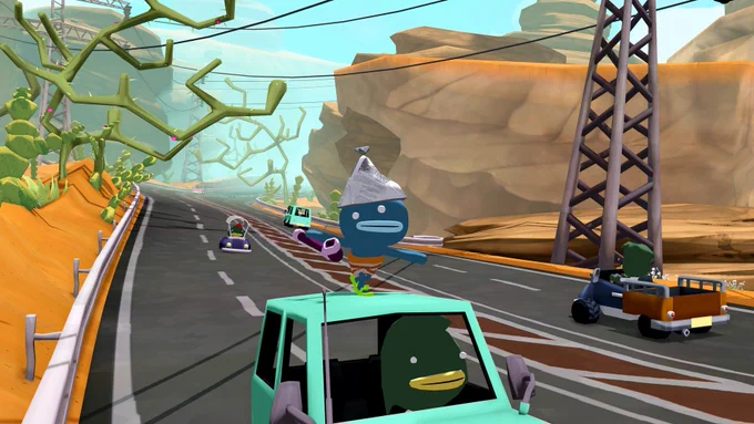 A screenshot of Tiny Terry's Turbo Trip which shows the game's player character standing on top of a car with a driver in it as it speeds on a freeway or highway. The game has a cartoony artstyle. 