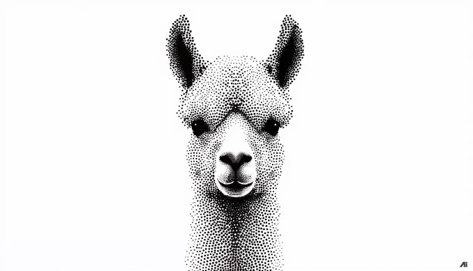 Prompt: a pattern of black dots arranged in an overlapping gradient, creating a dynamic and expressive illustration of an alpaca face, the design is minimalist and simple, each dot is small and uniformly black, creating a sense of depth through these tiny dots, detailed, on a white background