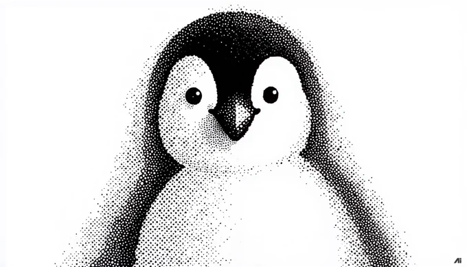 Prompt: a pattern of black dots arranged in an overlapping gradient, creating a dynamic and expressive illustration of a penguin face, the design is minimalist and simple, each dot is small and uniformly black, creating a sense of depth through these tiny dots, detailed, on a white background