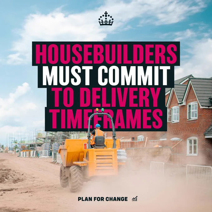 Image of new homes being built with text that says: Housebuilders must commit to delivery time frames.