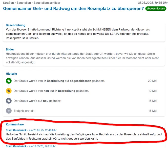 Antwort im EMSOS auf meine Meldung, dass die Beschilderung VZ 240 an dieser Stelle keinen Sinn macht.