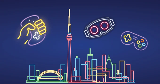 The Toronto skyline and video game icons illustrated in neon lights 
