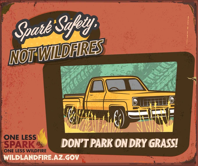 Vintage-style wildfire prevention poster with the message “Spark Safety, Not Wildfires.” It features an illustration of a yellow pickup truck parked on dry grass, with the warning “Don’t Park on Dry Grass!” at the bottom. The lower left corner includes the slogan “One Less Spark, One Less Wildfire” and the website “wildlandfire.az.gov.”