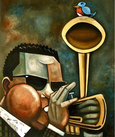 Cubist interpretation of Dizzy Gillespie playing the trumpet while a blue bird sits on the end of his instrument.