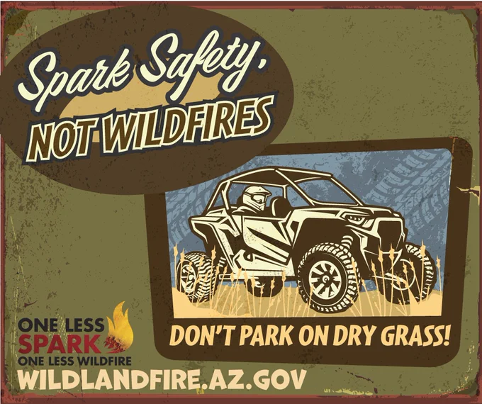 Vintage-style wildfire prevention poster with the message “Spark Safety, Not Wildfires.” It features an illustration of an off-highway vehicle (OHV) or side-by-side parked on dry grass, with the warning “Don’t Park on Dry Grass!” below. The lower left corner includes the slogan “One Less Spark, One Less Wildfire” and the website “wildlandfire.az.gov.”
