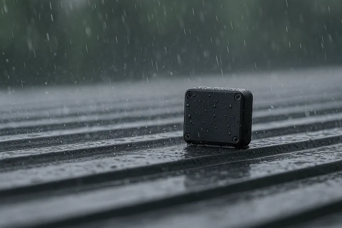 Close-up of a rugged tracker on a rain-soaked metal surface, water droplets in motion