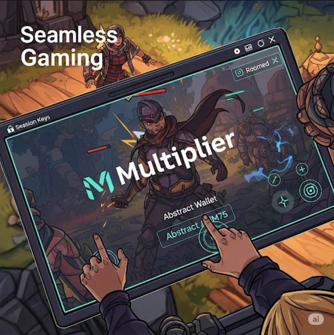 The image showcases a player immersed in a dynamic game, highlighting the fluidity, speed, and user-friendly enabled by session keys and abstract wallet, with the Multiplier logo prominently displayed