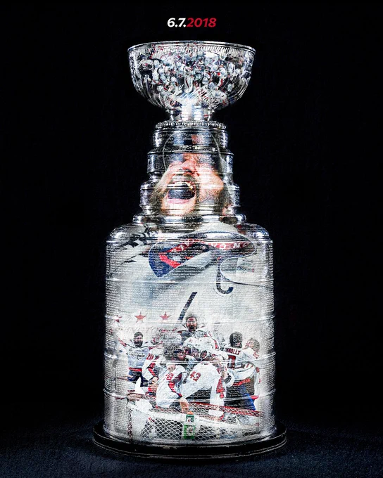 A graphic celebrating the seven year anniversary of the Washington Capitals' Stanley Cup Championship on June 7, 2018. The Stanley Cup is featured on top a dark background with a collage of Alex Ovechkin celebrating alongside group photos of the 2018 team on-ice inside.