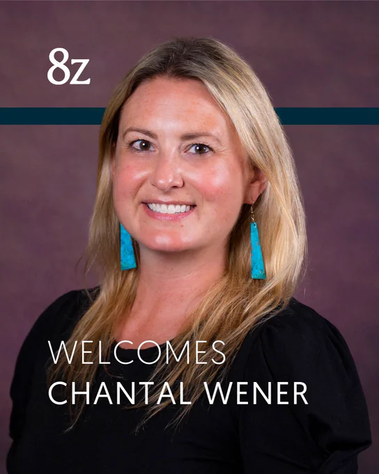 8z promotional image welcoming Chantal Wener, featuring a smiling individual with blond hair wearing turquoise earrings against a purple background.