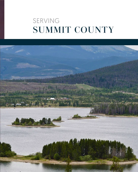 Promotional image titled "Serving Summit County" featuring a serene view of a lake with small islands, surrounded by forested hills and distant mountains under a cloudy sky.