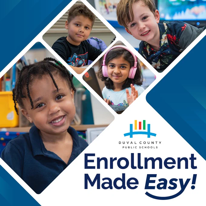 Four young children smiling and learning in a classroom. The Duval County Public Schools logo appears with the words "Enrollment Made Easy!" in bold text.