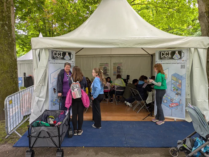Image of a tent for current chemistry investigators at cork carnival of science.