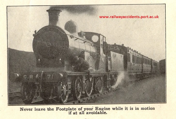 Posed 1920s safety photo, showing a driver near the front of a steam loco as it was moving, warning of the dangers of leaving the cab whilst the engine was travelling.