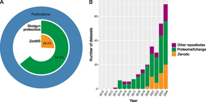 Figure 2 of the manuscript. Data availability in palaeoproteomics. A) Percentage of ZooMS and shotgun palaeoproteomics studies with available datasets. Preprints and papers that did not produce any data were excluded from this calculation. B) Number of palaeoproteomics datasets in online repositories (since 2010). ´Other´ repositories include Dryad, Figshare, Github, Mendeley Data, and the OSF Framework. The dataset was compiled by manually going through the list of publications compiled for Figure 1 and checking raw data availability. This figure was made in R v.4.4.2. with R Studio v.2024.12.0  (R Core Team, 2023) using ggplot2 (Wickham, 2016).