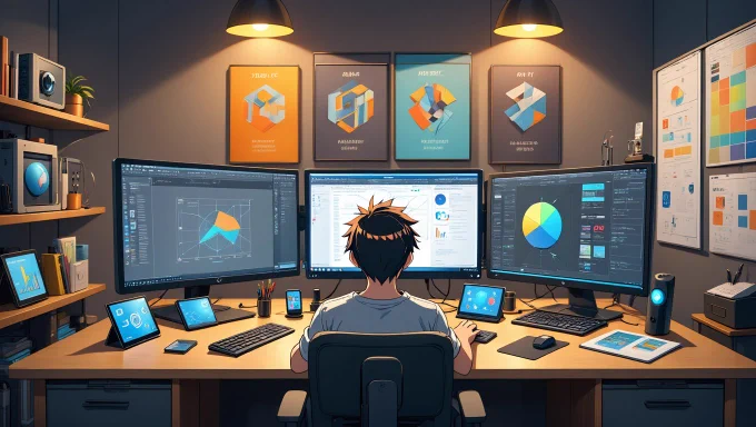 An artistic depiction of a solo agency's workspace filled with various digital tools and devices that contribute to productivity and creativity.