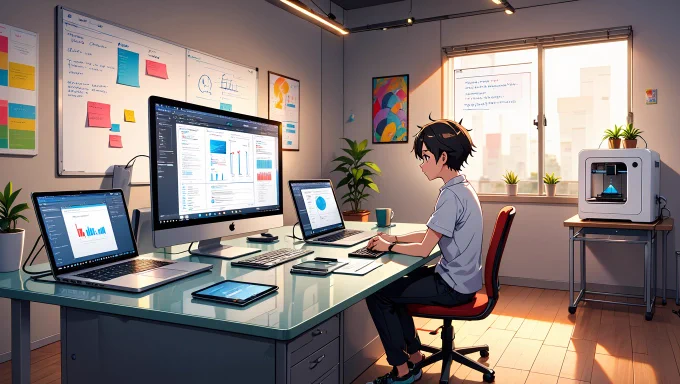 An inspiring image of a solo agency workspace where technology and creativity merge seamlessly.