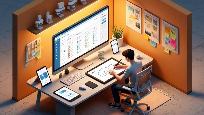 A vibrant illustration of a solo agency's high-tech workspace. The central focus is a sleek desk setup with a high-resolution monitor displaying a project management tool, surrounded by tablets and smartphones showcasing various apps for design, analytics, and communication.