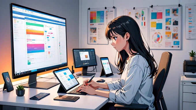 A dynamic illustration of a solo agency's tech-driven workspace.