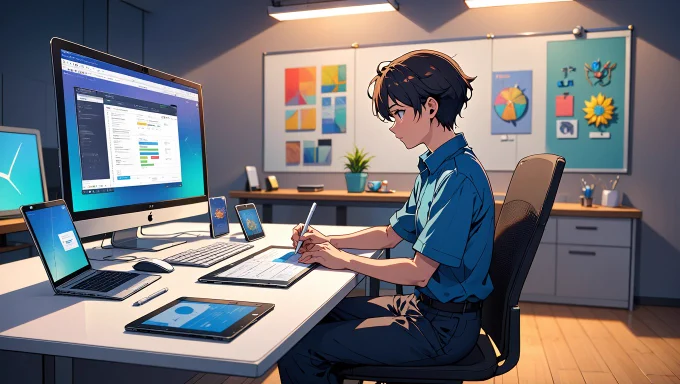 A vibrant illustration of a solo agency's tech-driven workspace. The central focus is a sleek desk setup with a high-resolution monitor displaying a project management tool, surrounded by tablets and smartphones showcasing various apps for design, analytics, and communication.
