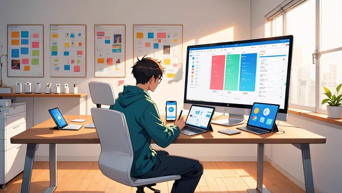 A dynamic illustration of a solo agency's tech-driven workspace.