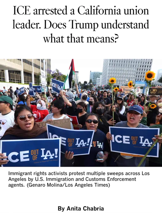 ICE arrested a California union leader. Does Trump understand what that means?

Immigrant rights activists protest multiple sweeps across Los Angeles by U.S. Immigration and Customs Enforcement agents. (photo Genaro Molina/Los Angeles Times)
By Anita Chabria