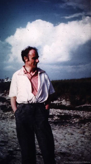 Francis Crick standing on a sandy area with stormy clouds overhead. He wears a white-and-red checkered shirt, dark trousers, and is looking to the side with a slight smile.
