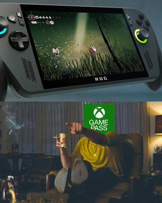 The top half of the image shows the ROG Xbox Ally X with Hollow Knight: Silksong on screen. The bottom half shows the Leonardo Dicaprio pointing meme with the Xbox Game Pass logo covering his face.