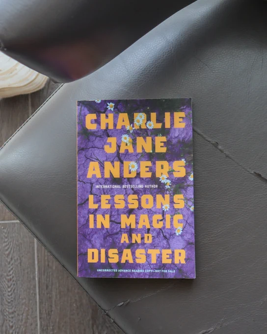 The book Lessons in Magic and Disaster is on a leather chair