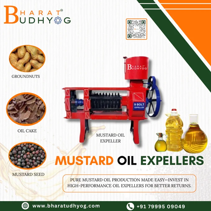 Bharat Budhyog branded mustard oil extraction machine displayed with labeled parts and oil types.

