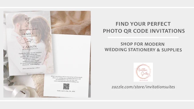 Elegant black and white monogram wedding invitation featuring sophisticated script typography and a faux vellum overlay that subtly softens the wedding photo. A custom monogram logo adds a personalized, upscale touch, while the back includes a QR code for easy access to the wedding website and RSVP details.


