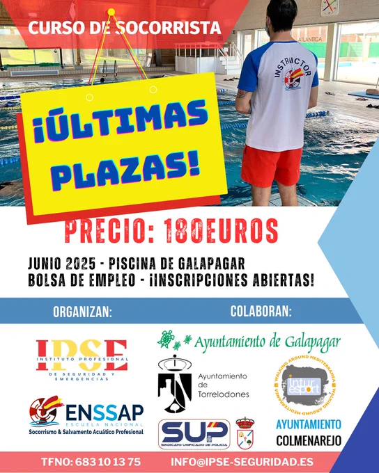 La Escuela Nacional de Socorrismo Acuático, el Sindicato Unificado de Policía y el Instituto de Seguridad y Emergencia se unen para ofrecerte un nuevo Curso de Socorrismo Acuático en Galapagar, homologado por la Comunidad Madrid. Últimas Plazas