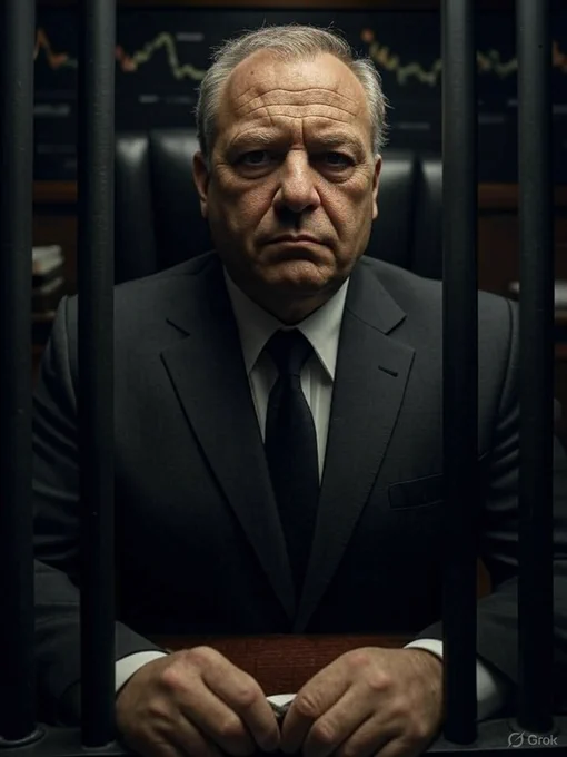 A business man in a black suit representing a financial gatekeeper with bars in the foreground 