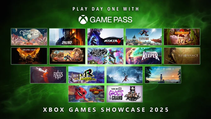 Game logos from the Xbox Games Showcase 2025 are shown. Text reads: "Play Day One With Game Pass. Game logos shown are: The Outer Worlds 2, Call of Duty: Black Ops 7, NINJA GAIDEN 4, Tony Hawk's Pro Skater 3   4, Grounded 2, Gears of War: Reloaded Clockwork Revolution, High on Life 2, Keeper, Resonance A Plague Tale Legacy, At Fate's End, Persona 4 Revival, Aphelion, Planet of Lana II Children of the Leaf, Super Meat Boy 3D, There Are No Ghosts At The Grand