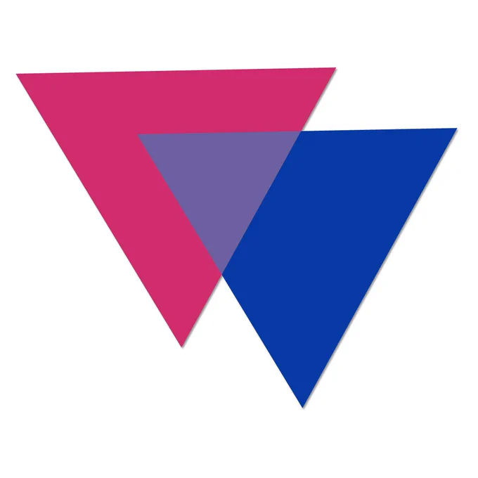 Upside-down pink and blue triangles that overlap to create a purple triangle as well.