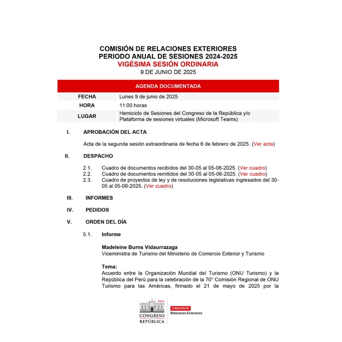 🗓 Este 09 de junio, la Comisión de Relaciones Exteriores del @congresoperu llevará a cabo su 20.ª sesión ordinaria. 📌 Más detalles aquí: https://bit.ly/4eaIUKJ