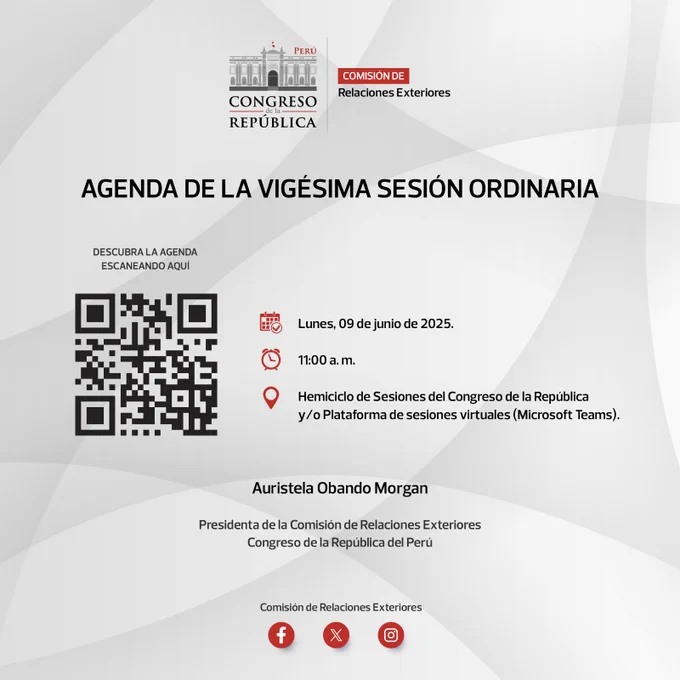 🗓 Este 09 de junio, la Comisión de Relaciones Exteriores del @congresoperu llevará a cabo su 20.ª sesión ordinaria. 📌 Más detalles aquí: https://bit.ly/4eaIUKJ