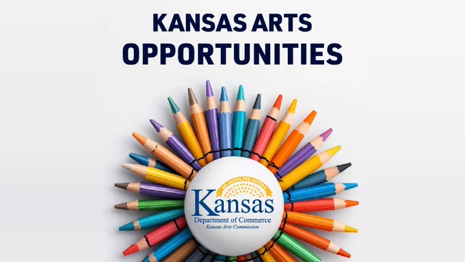 Logo of the Kansas Arts Commission surrounded by a circular arrangement of colorful pencils, below the text 'Kansas Arts Opportunities'.