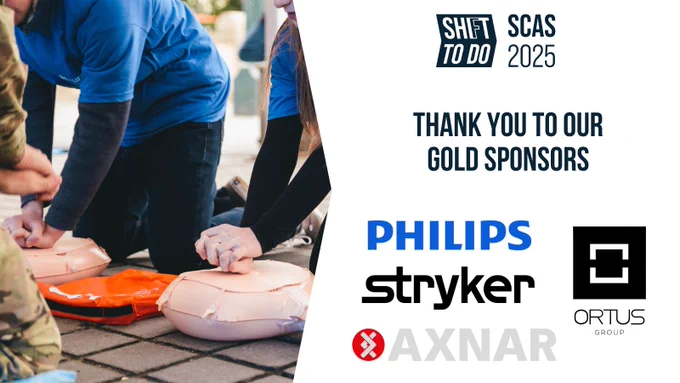 An image of people leaning over training manikins, performing CPR. Text that reads: Thank you to our Gold Sponsors. Logos below of Ortus Group, Philips, Stryker, Axnar, Shift To Do and SCAS 2025.