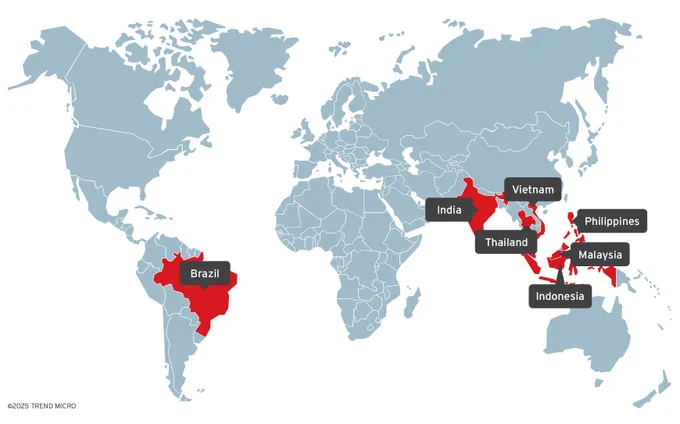 Map of the world with countries highlighted in red: Brazil, India, Vietnam, Thailand, Indonesia, Malaysia, Phillippines.