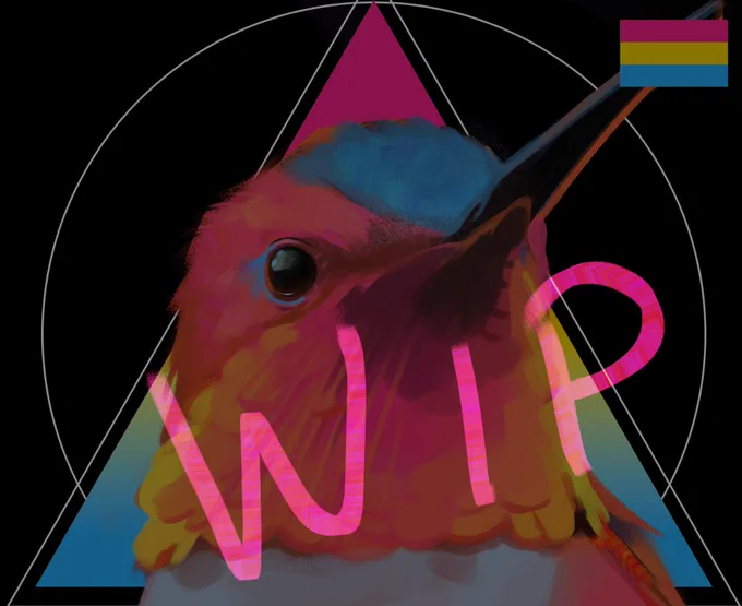WIP of a bright neon hummingbird in pan flag colours