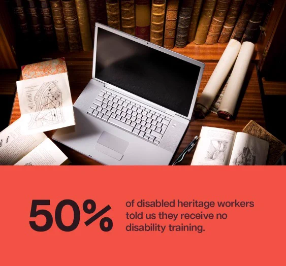 A photograph of a laptop on a study desk with an old bookshelf directly behind it. Text underneath the graphic reads "50% of disabled heritage workers told us they receive no disability training".