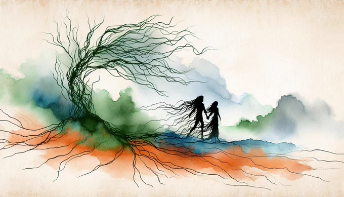 Watercolour illustration of two silhouetted figures holding hands in a surreal, misty landscape. Their hair and limbs flow into delicate, root-like branches that stretch into the earth and sky. A twisted, wind-blown tree leans toward them on the left. The scene is painted in soft washes of green, blue, orange, and beige, creating a dreamy, emotional atmosphere of connection and transformation.