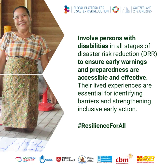 A woman with small body smiles indoors. Text highlights the importance of including persons with disabilities in disaster risk reduction for accessible and effective preparedness.
