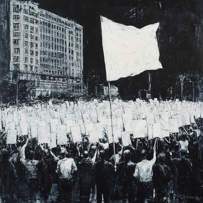 A large crowd fills a city square at night, each person holding up a blank protest sign. At the center, a towering blank white flag rises into the sky. Though the gathering resembles a demonstration, the absence of any written message evokes silence, manipulation, or suppression — as if the crowd is marching under a story not their own.