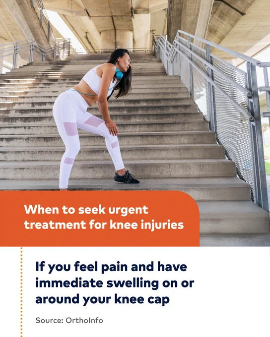 Female feeling knee pain while exercising with: 

When to seek urgent treatment for knee injuries
If immediate swelling occurs on or around your knee cap