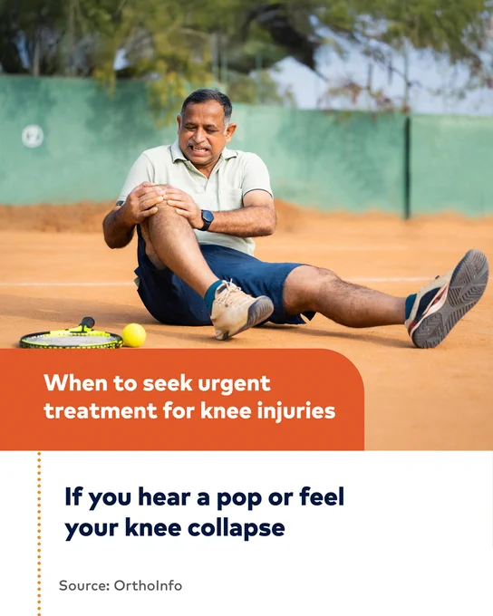 Male holding knee during tennis game with:

When to seek urgent treatment for knee injuries
If you hear a pop or feel your knee collapse