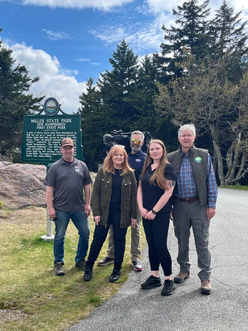 Jean Mackin from @WMUR9 (center, left) with the @NHStateParks crew taking a break from interviews about the history of #NH #StateParks and all the fun you can have when you visit.